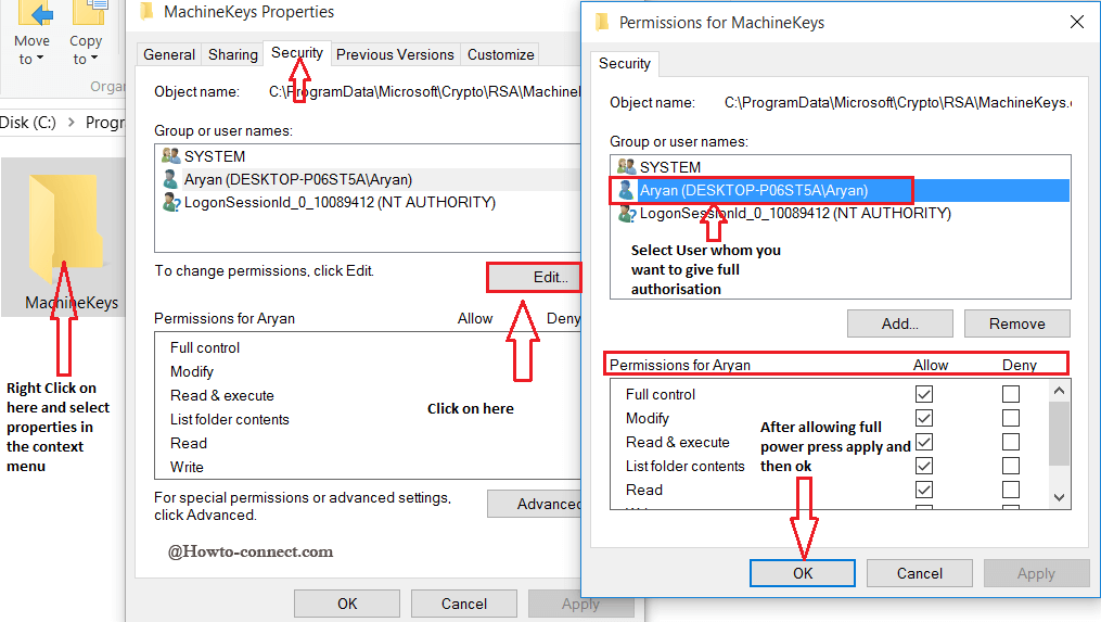 machinekeys properties security tab edit username  ok button
