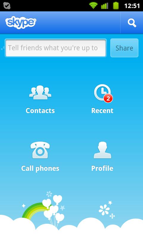 main screen of skype app in android