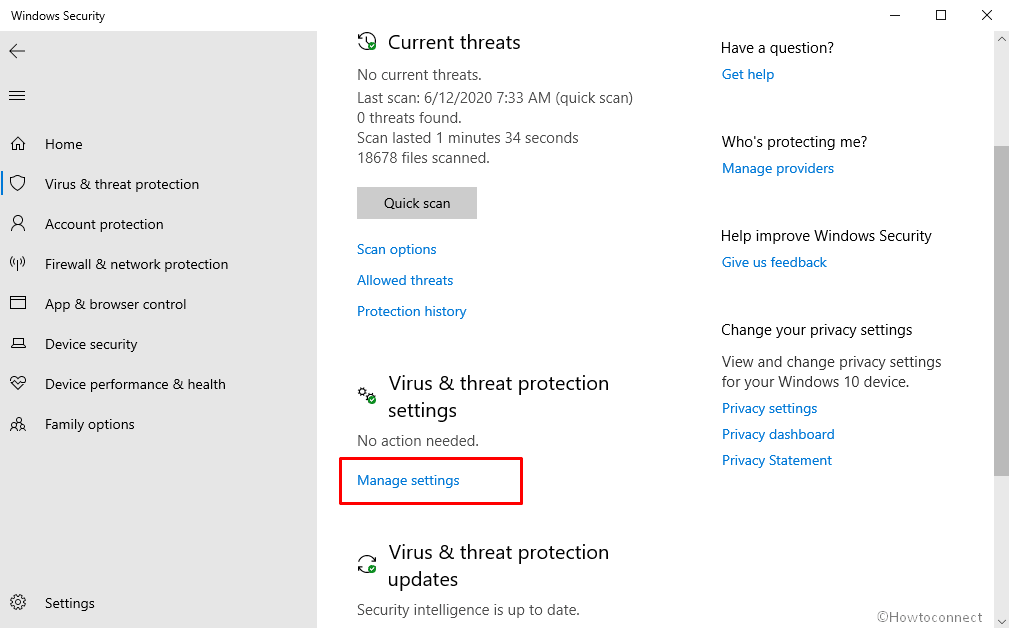 manage settings link on virus & threat protection