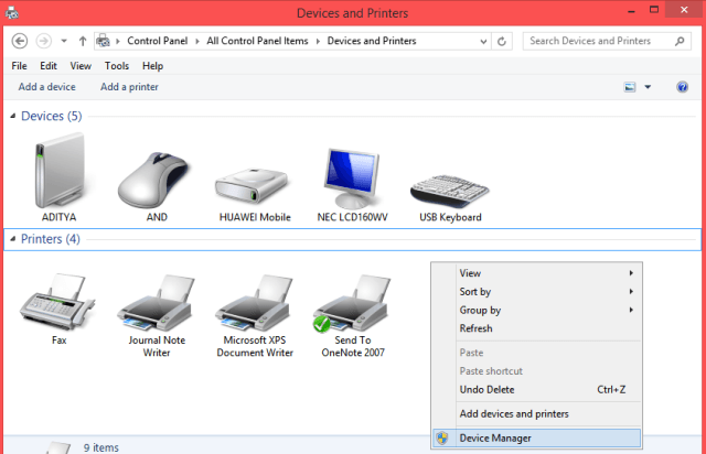 menu device manager on devices and printers window