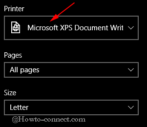 microsoft xps ducoment option on drop down menu in print window of mail app
