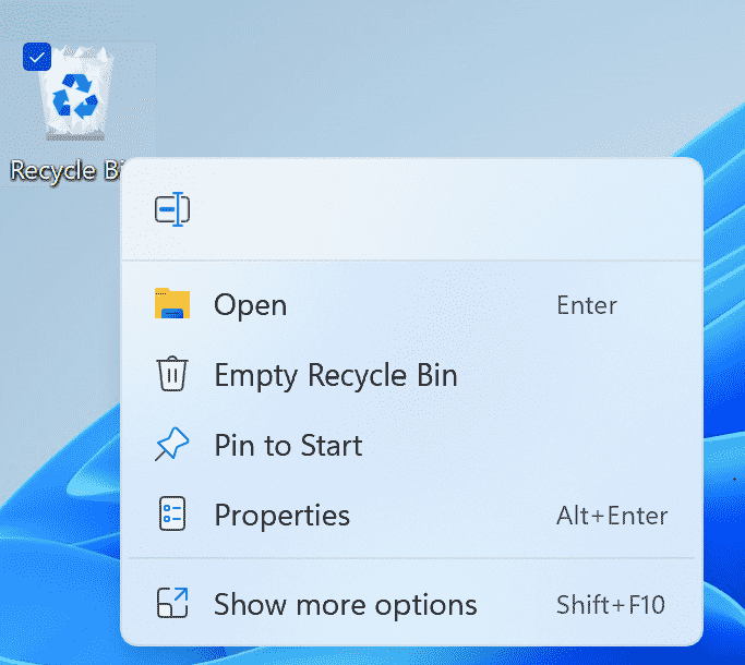 modern context menu Recycle Bin