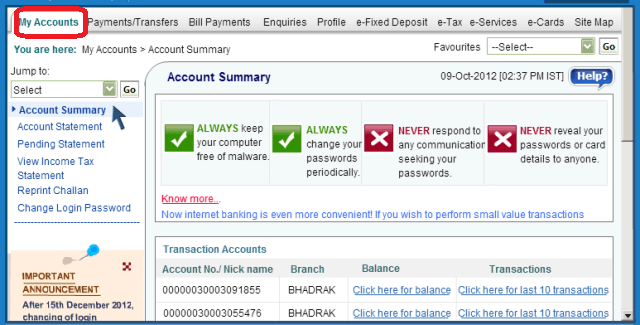 SBI Online - Manage Add To Favorite, Find Transactions