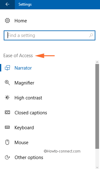 narrator on ease of access settings on windows 10