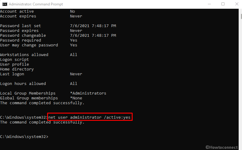 net user administrator active:yes
