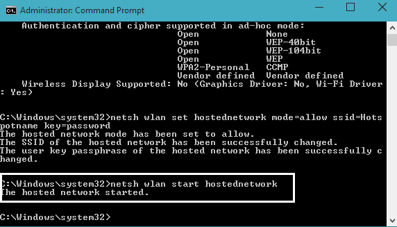 netsh wlan start hostednetwork command in Command Prompt to Enable Internet Connection Share, WiFi hotspot in Windows 8