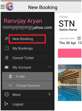 new booking tab in the left sidebar of irctc connect android app