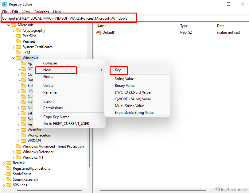 new keys named Window in registry editor