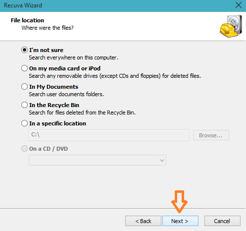 next button on file location window on recuva wizard