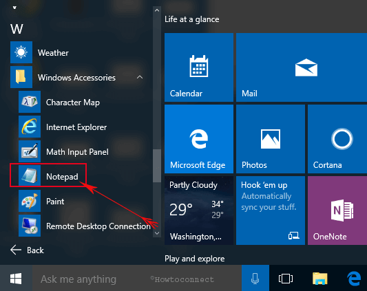 notepad under accessories folder on windows 10 start menu