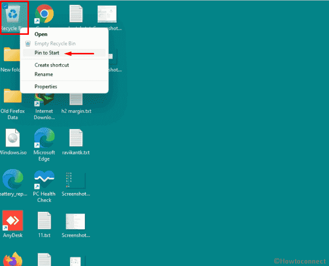 open Recycle bin in Windows 11 - Pin to Start