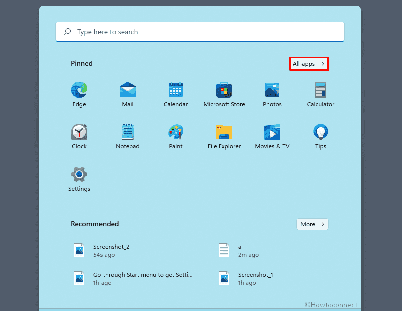 open Settings in Windows 11 - Go through All apps of Start menu