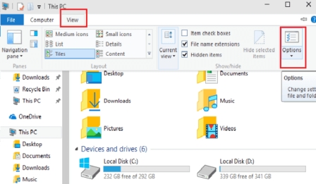 options button on file explorer ribbon in view tab