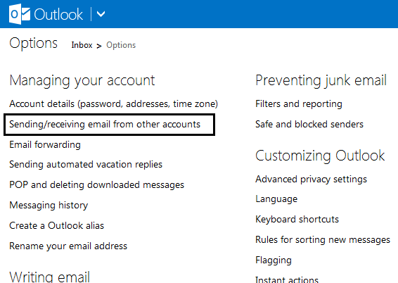 outlook account options page