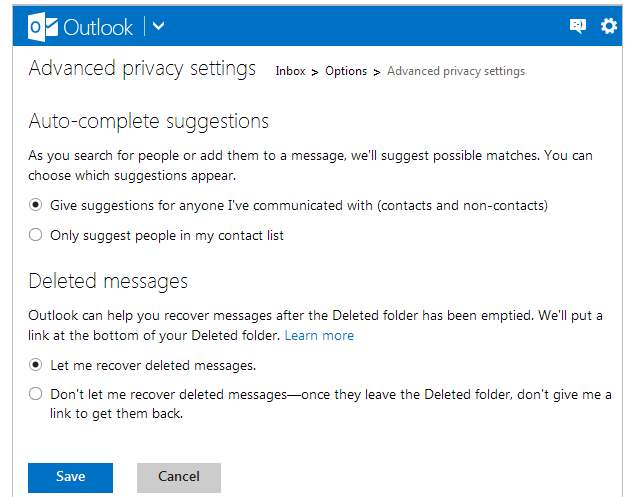 outlook.com enable email setting page