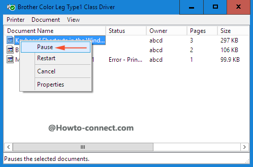 pause option on right click context menu of the document to fix printer is offline in windows 10