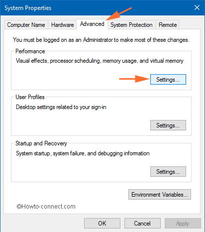 performance settings on system properties window