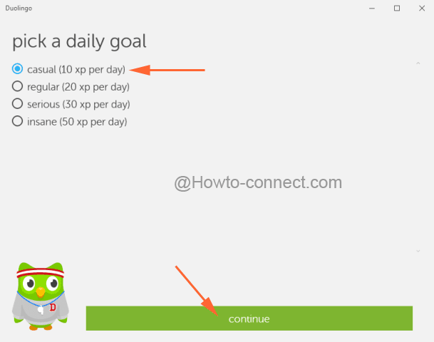pick a daily goal and Continue button
