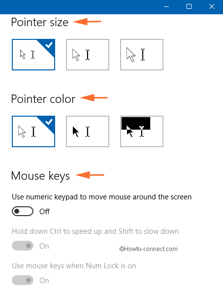 pointer size of mouse keys on ease off access in windows 10 settings