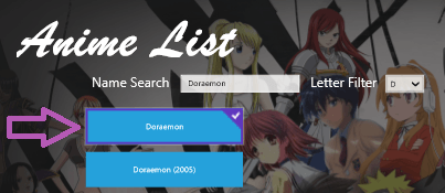 doraemon as search result on animewatcherx windows app