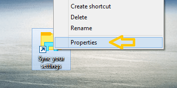 properties option on right click context menu of the syc your settings shotcut