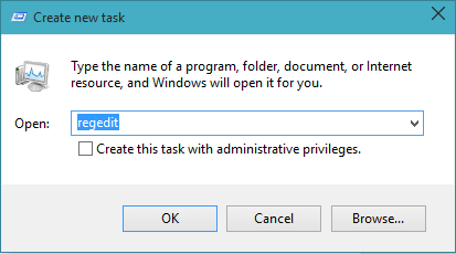 regedit in create new task open box