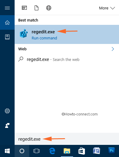 regedit.exe command in the Cortana search
