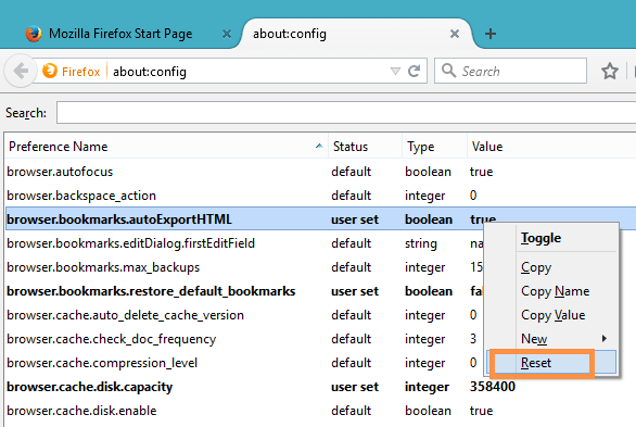 reset option on right click copntext menu of bookmark in firefox