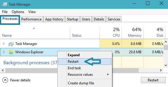 restart option in windows explorer right click context menu on task manager