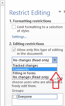 restrict editing comments option in word 2013