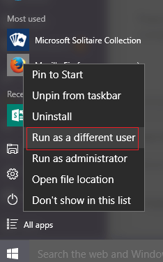 Run as Different User on Start menu Windows 10