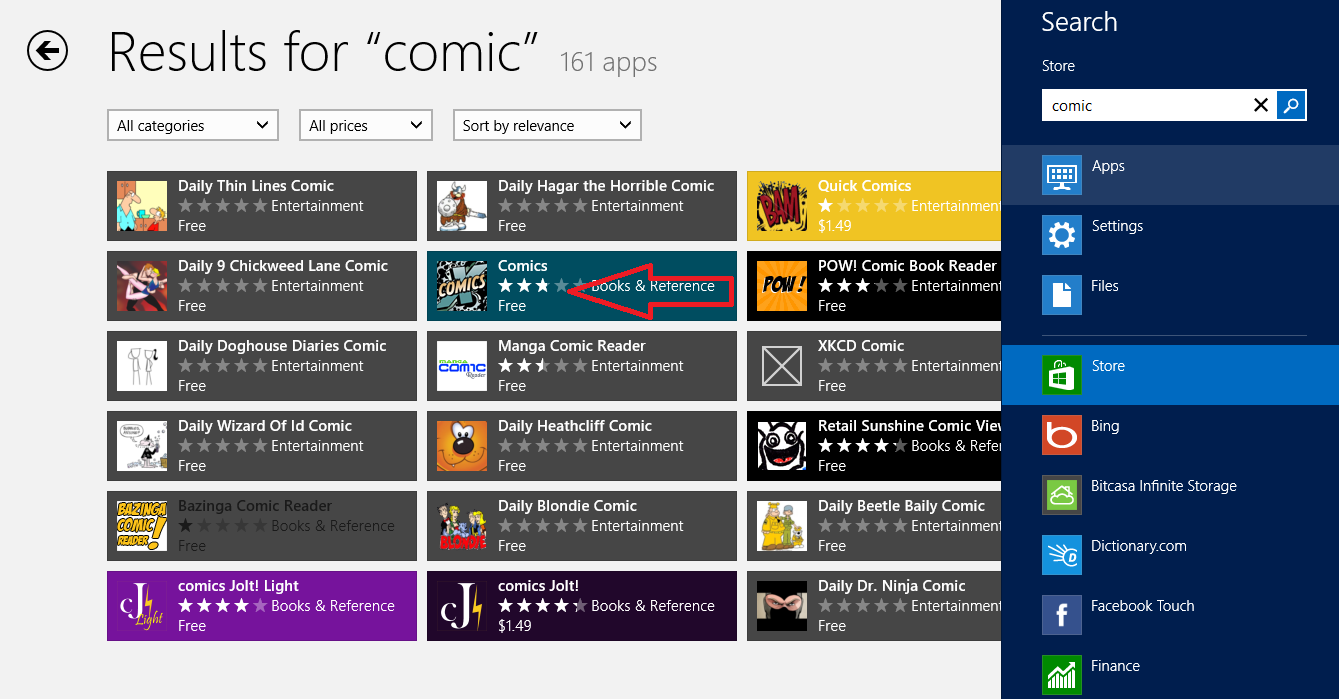 search comic app in windows store