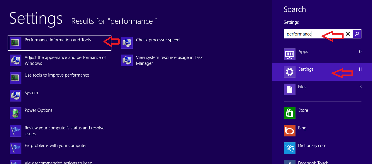 search for performance info and tools in windows 8