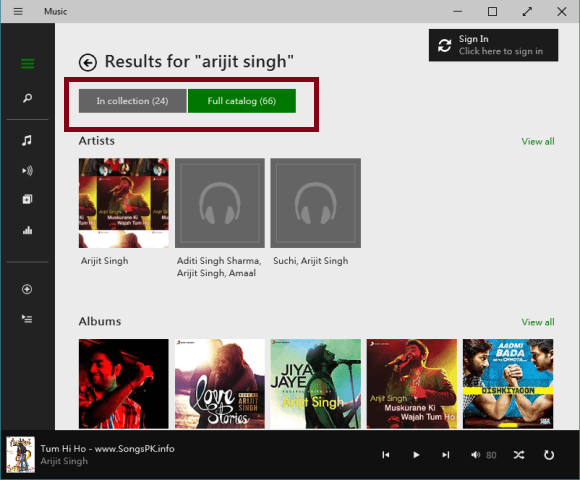 search result in the music app on windows 10