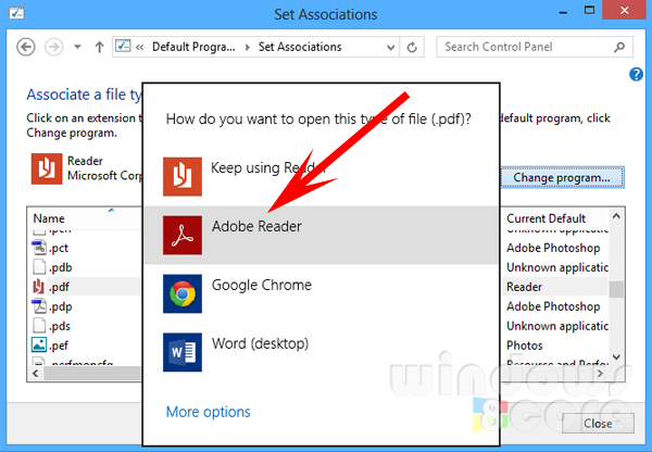set adobe reader app as default pdf reader from suggestion in windows 8