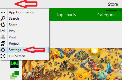 settings menu on windows 10 store
