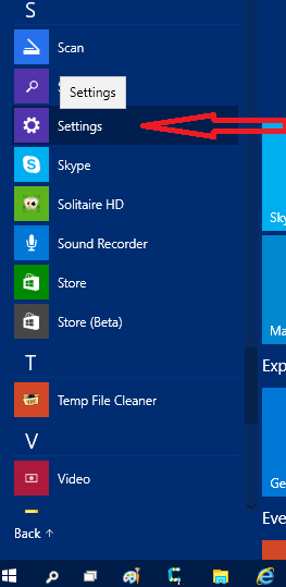 settings on start menu in build 9926