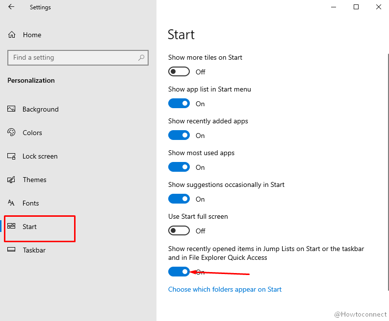show Jump Lists Windows 10