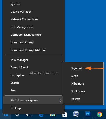 Sign out, Lock Windows 10 through Start, Power User Menu