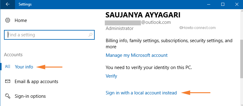 sign in with a local account instead link on your account section