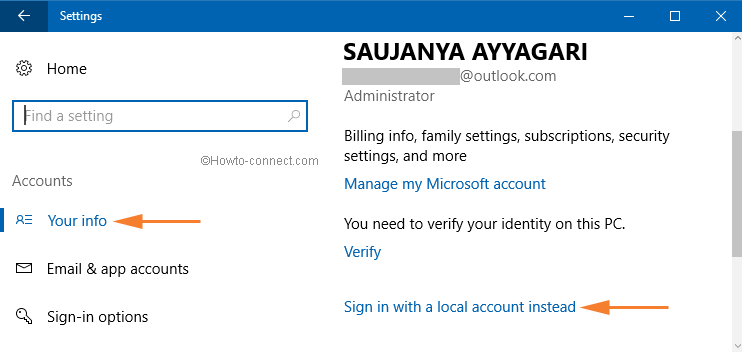 Switch to Local Account from Microsoft Account on windows 10