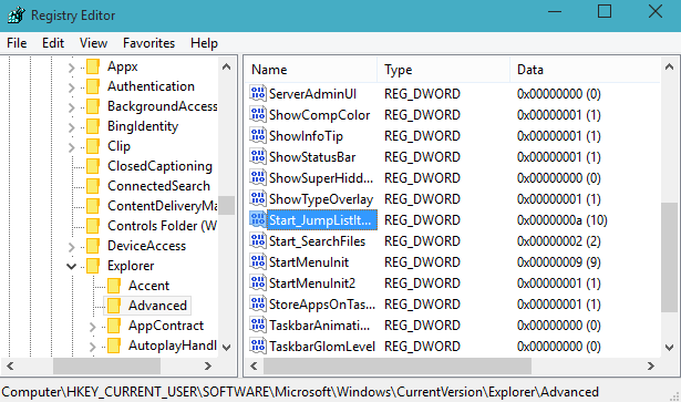 start_jumplistitems on registry editor