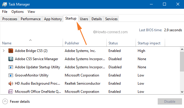 startup tab on task manager