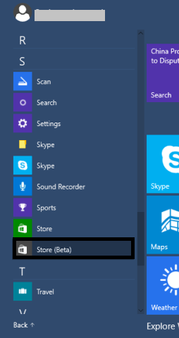 store beta on start menu windows 10