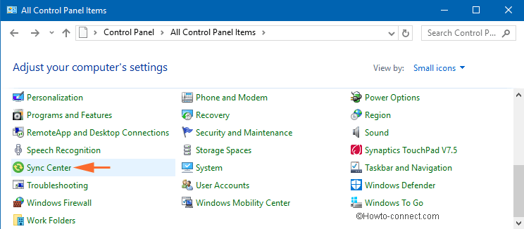 sync center link on control panel