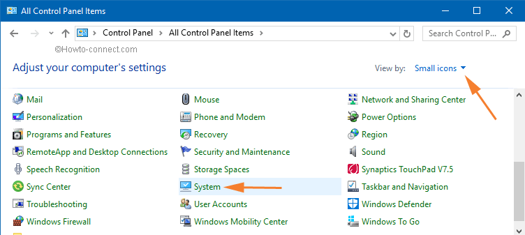 system link on control panel in windows 10