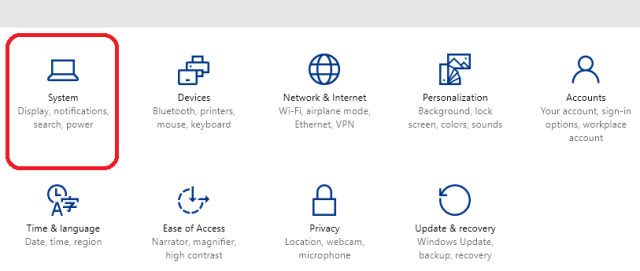 system option on settings windows in windows 10