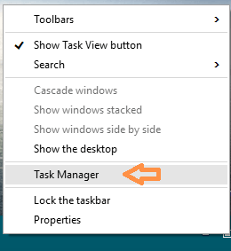 task manager in right click context menu of taskbar
