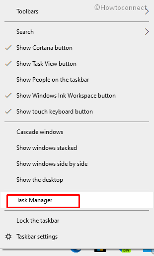 task manager in right click context menu of the taskbar