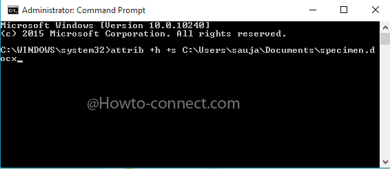 the attrib command to make the docx file system hidden file in Windows 10